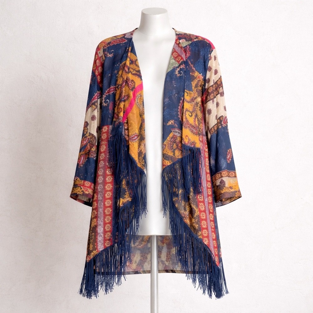 REBA Womens Patchwork Paisley Fringe Kimono‎ Cardigan Navy Boho Medium Western